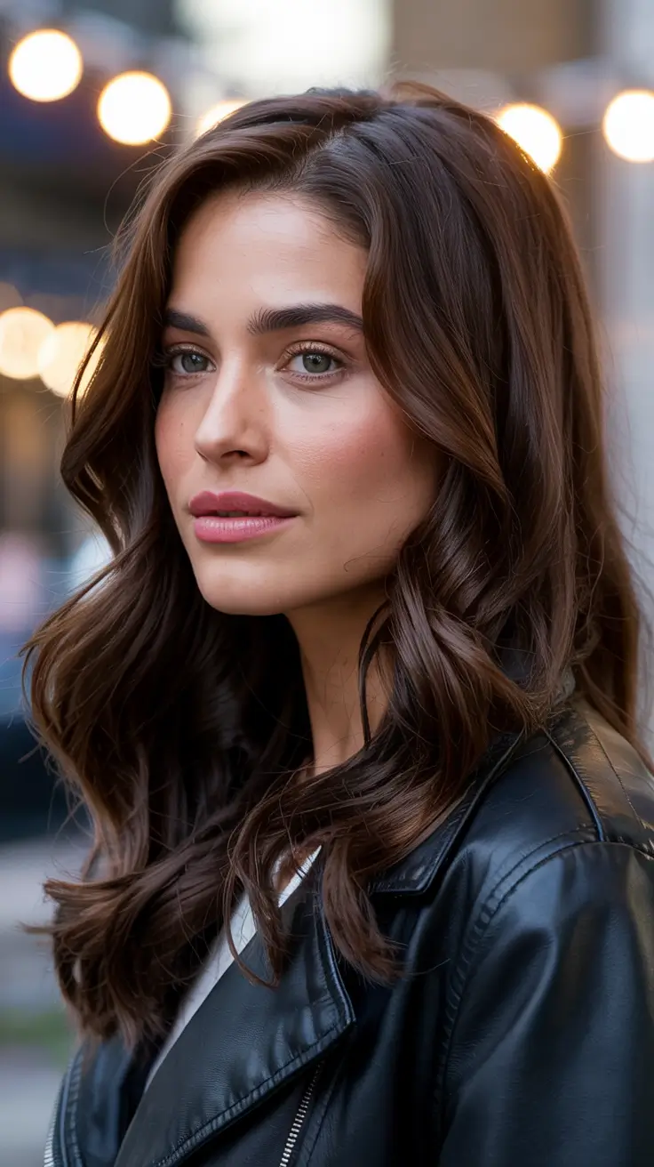dark brown hair colors 2026 Urban Espresso Waves with Soft Contouring