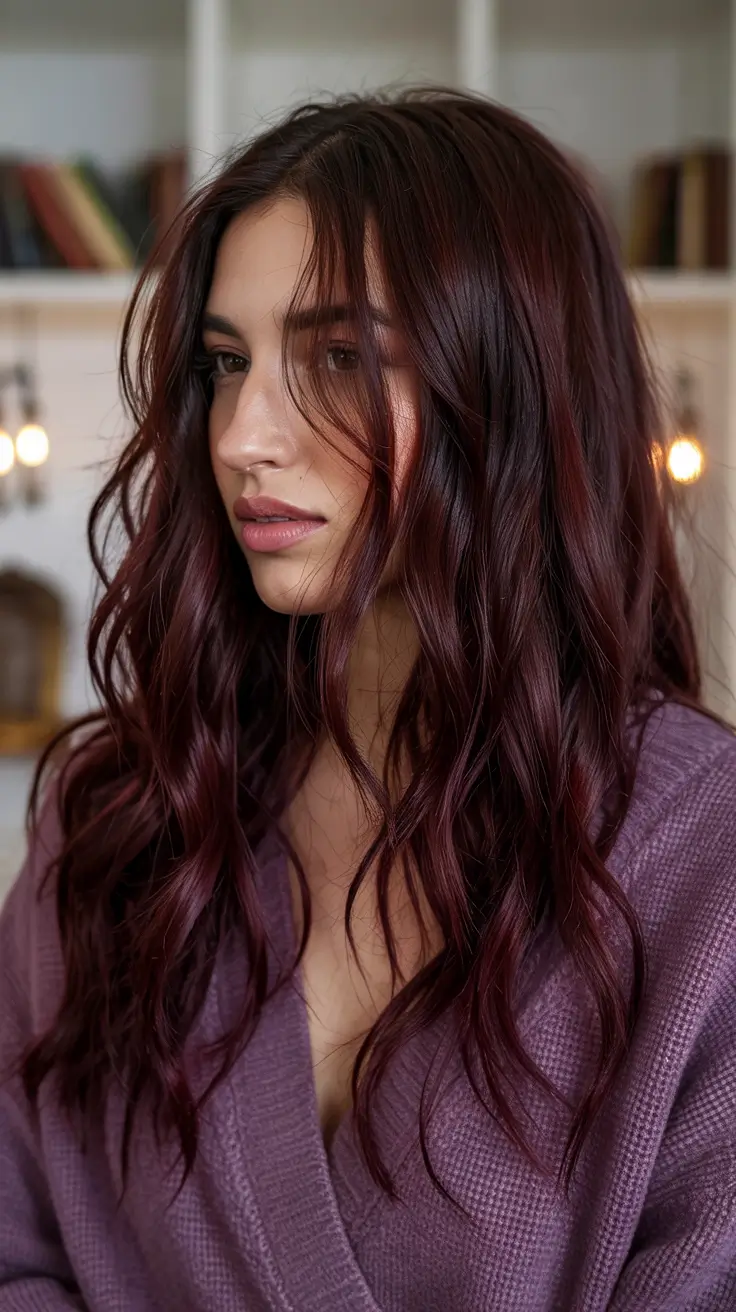 dark brown hair colors 2026 Deep Mahogany Brunette with Subtle Red Plum Glow