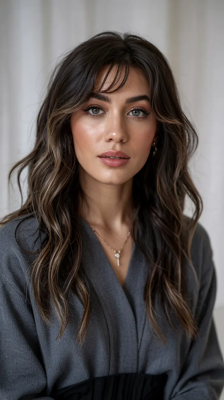 dark brown hair colors 2026 Feathered Brunette with Soft Curtain Bangs