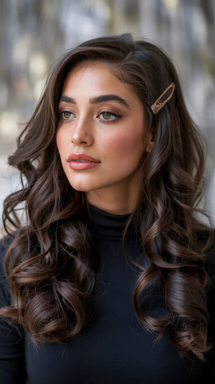 dark brown hair colors 2026 Elegant Dark Mocha Curls with Face-Framing Lift