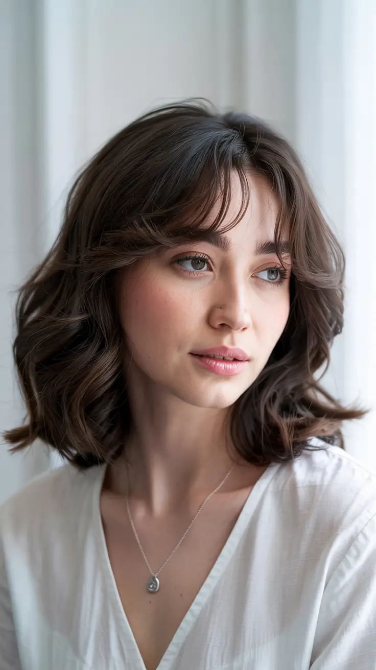 dark brown hair colors 2026 Soft Cocoa Bob with Airy Fringe