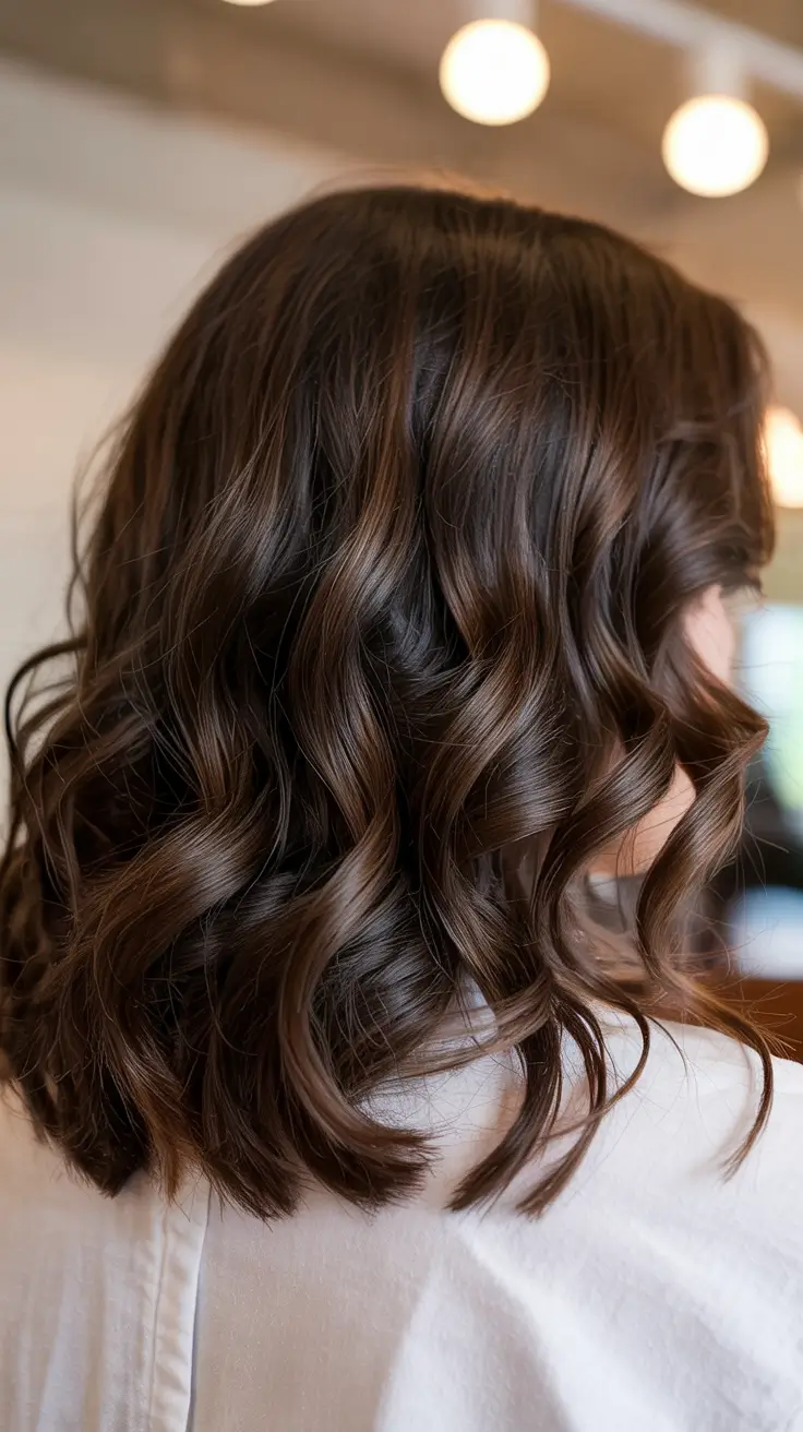 dark brown hair colors 2026 Glossy Cinnamon-Warm Medium Waves