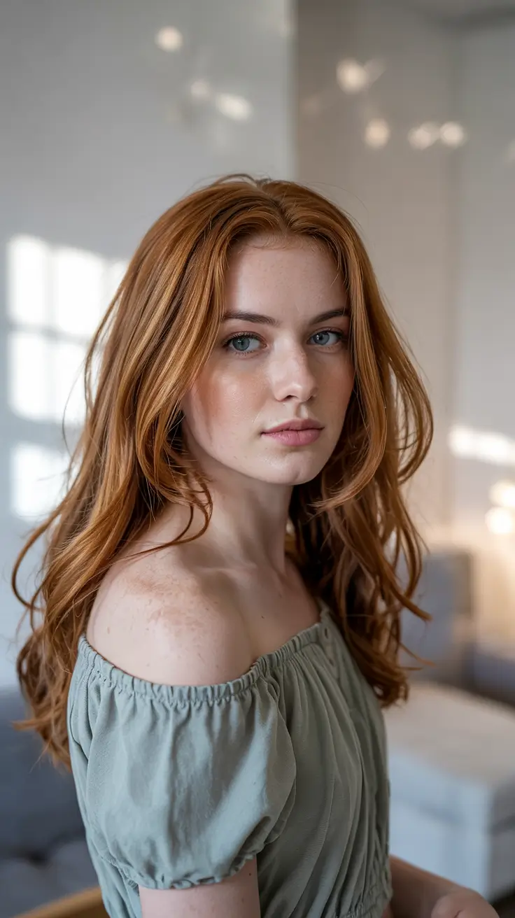 ginger hair colors 2026 Sunlit Auburn with Bare-Shoulder Confidence