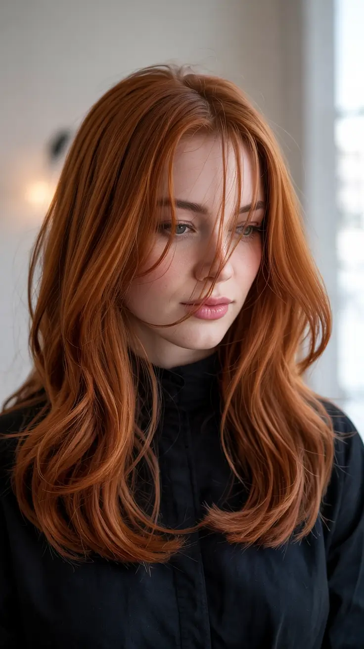 ginger hair colors 2026 Feathered Layers in Soft Copper Flame