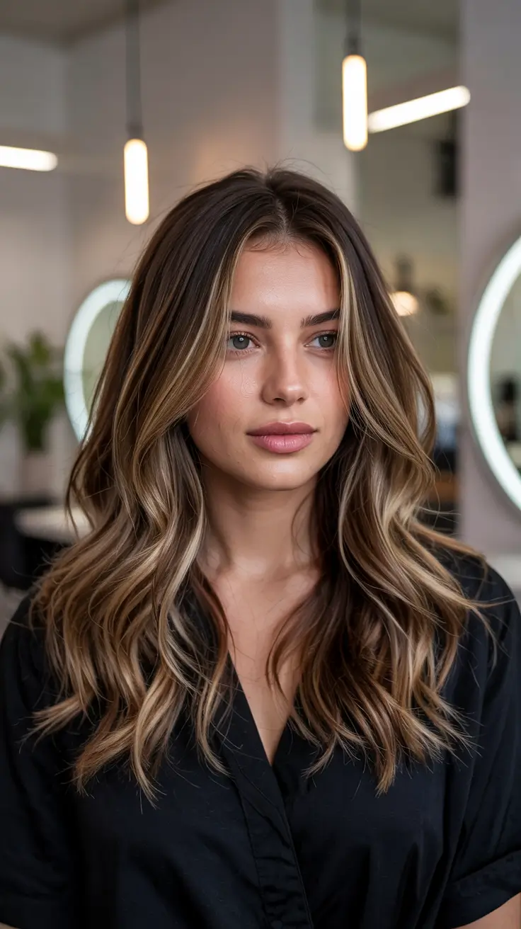 Hair Color Ideas 2026 Warm Ribbon Brunette with Mid-Length Waves