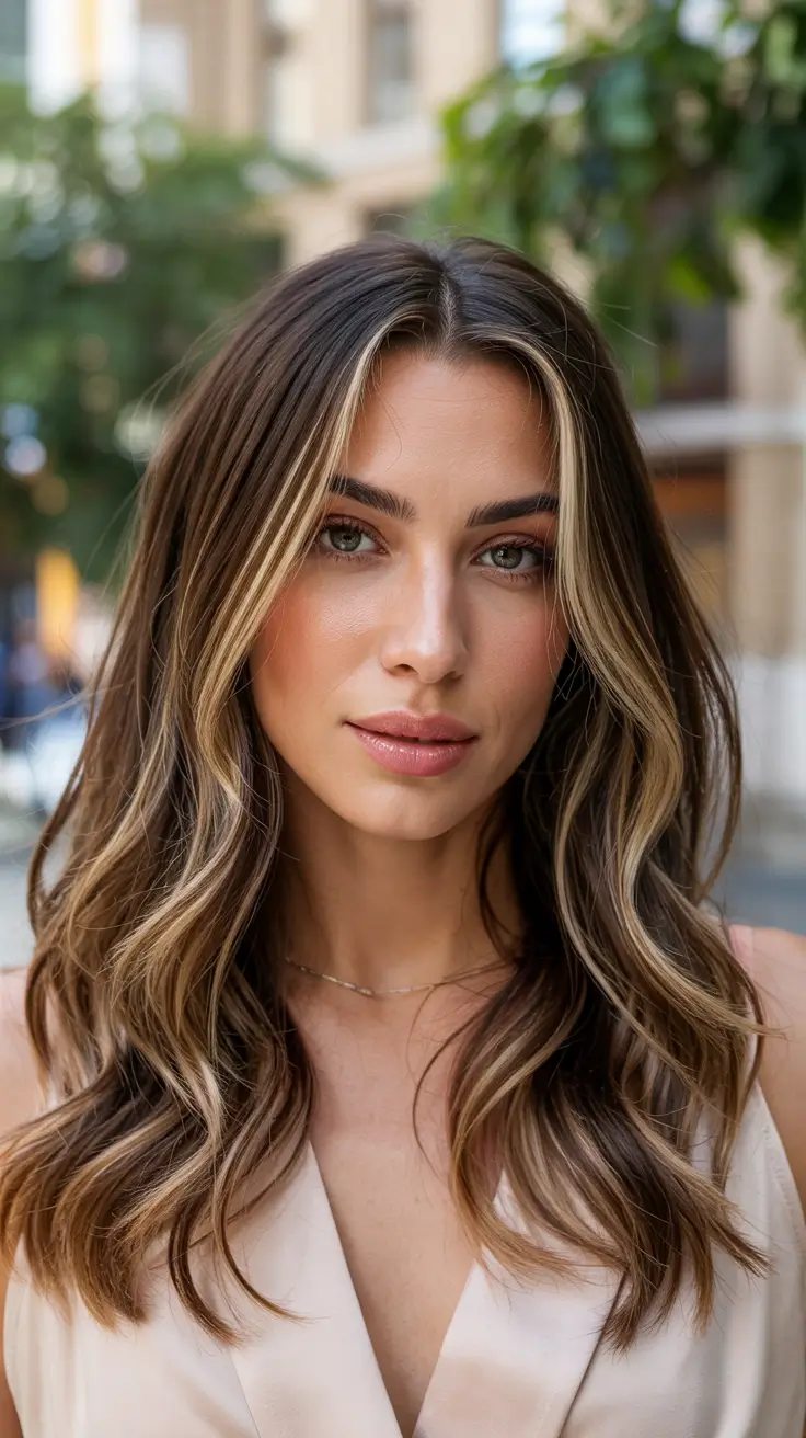 Hair Color Ideas 2026 Money Piece Brunette with Buttery Blonde Strands