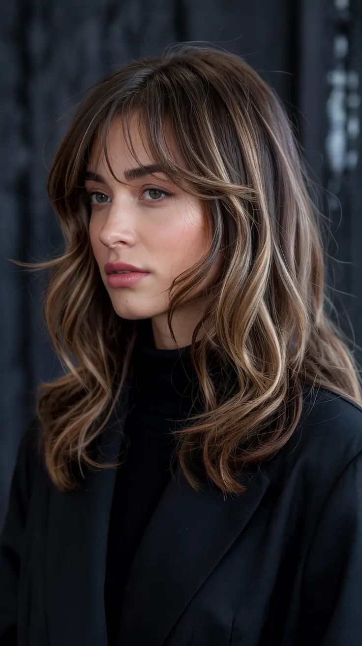 hair color trends 2026 Golden Brunette with Bangs and Face-Framing Layers
