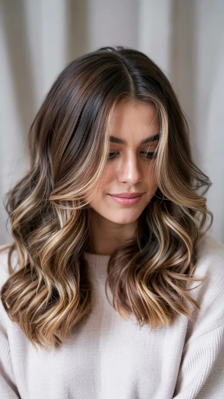 hair color trends 2026 Cool Blonde Highlights on Chocolate Layers