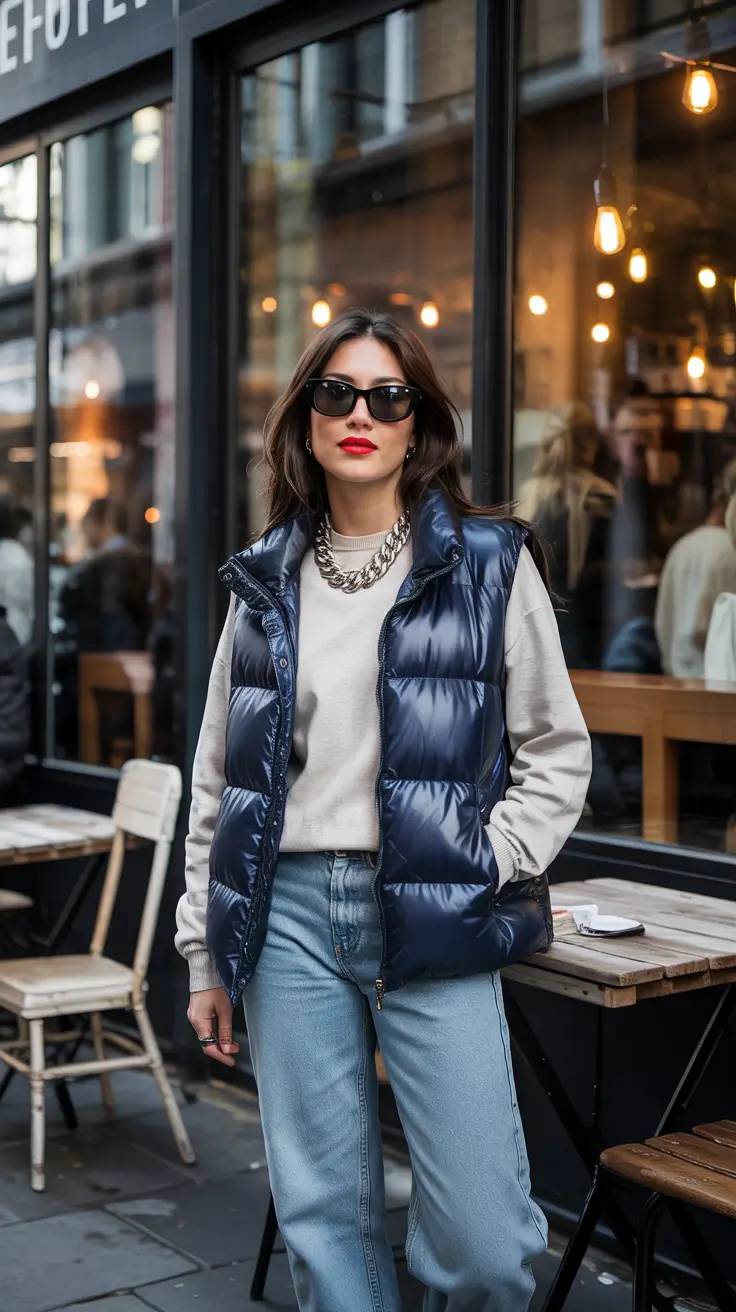 jeans-outfits-for-women-2026 Cool City Comfort with a Quilted Edge