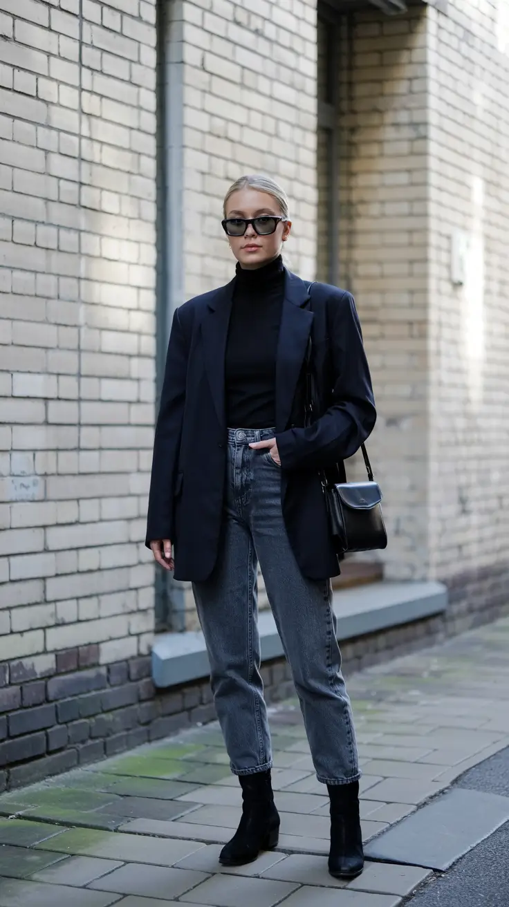 jeans-outfits-for-women-2026 Modern Monochrome Power