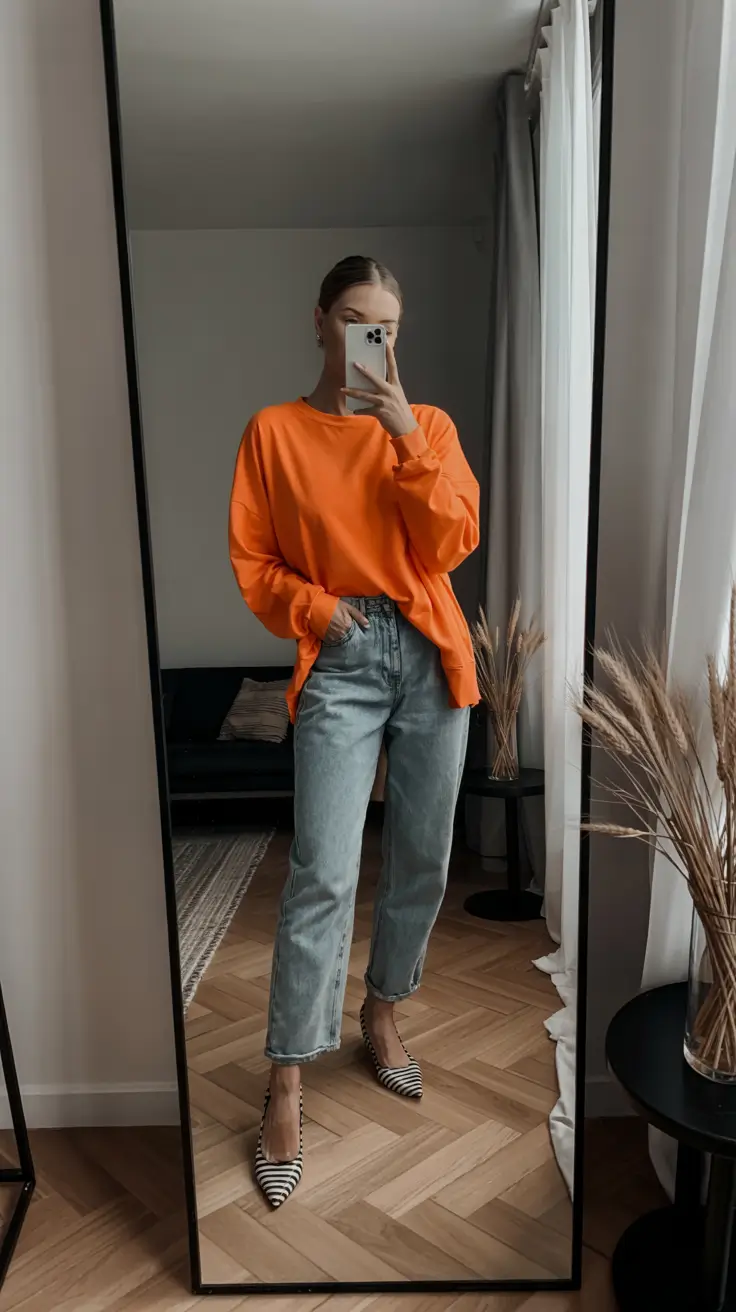 jeans-outfits-for-women-2026 Bold Color and Casual Confidence