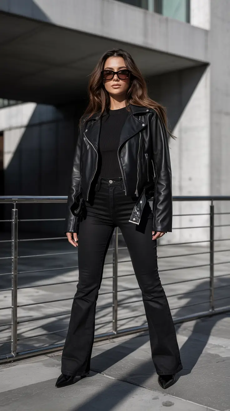 jeans-outfits-for-women-2026 Monochrome Leather and Denim Power