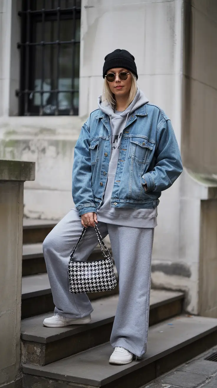 lazy day outfits ideas 2026 Denim Chill: Gray Layers and Classic Jacket