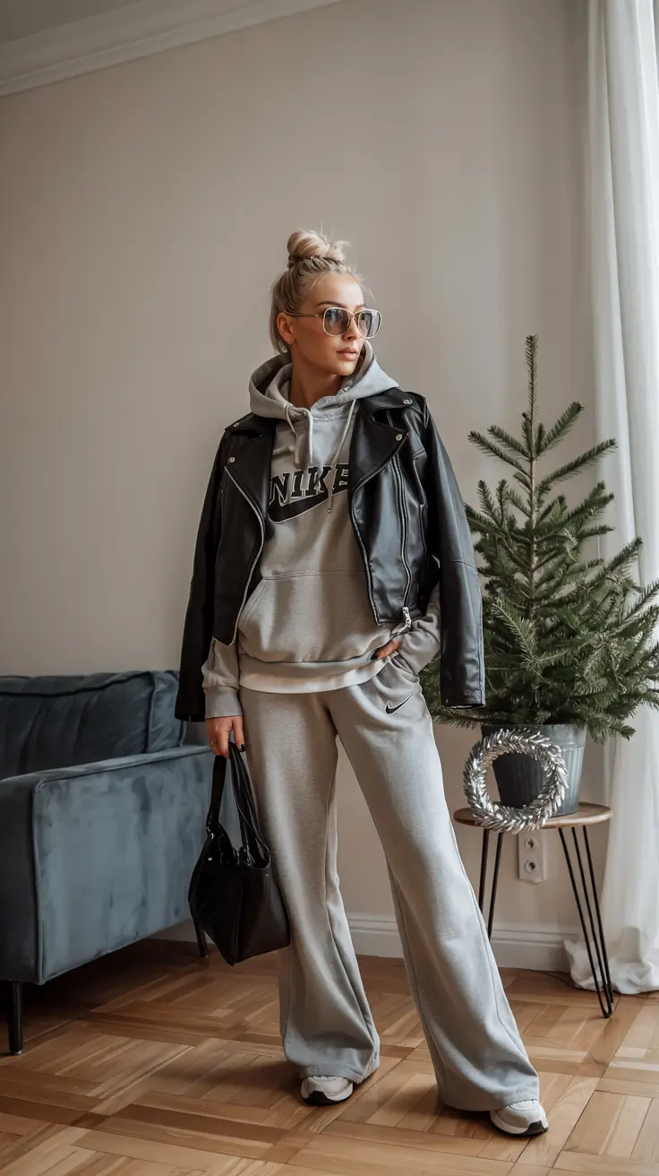 lazy day outfits ideas 2026 Effortless Edge: Gray Lounge Set with Leather Jacket