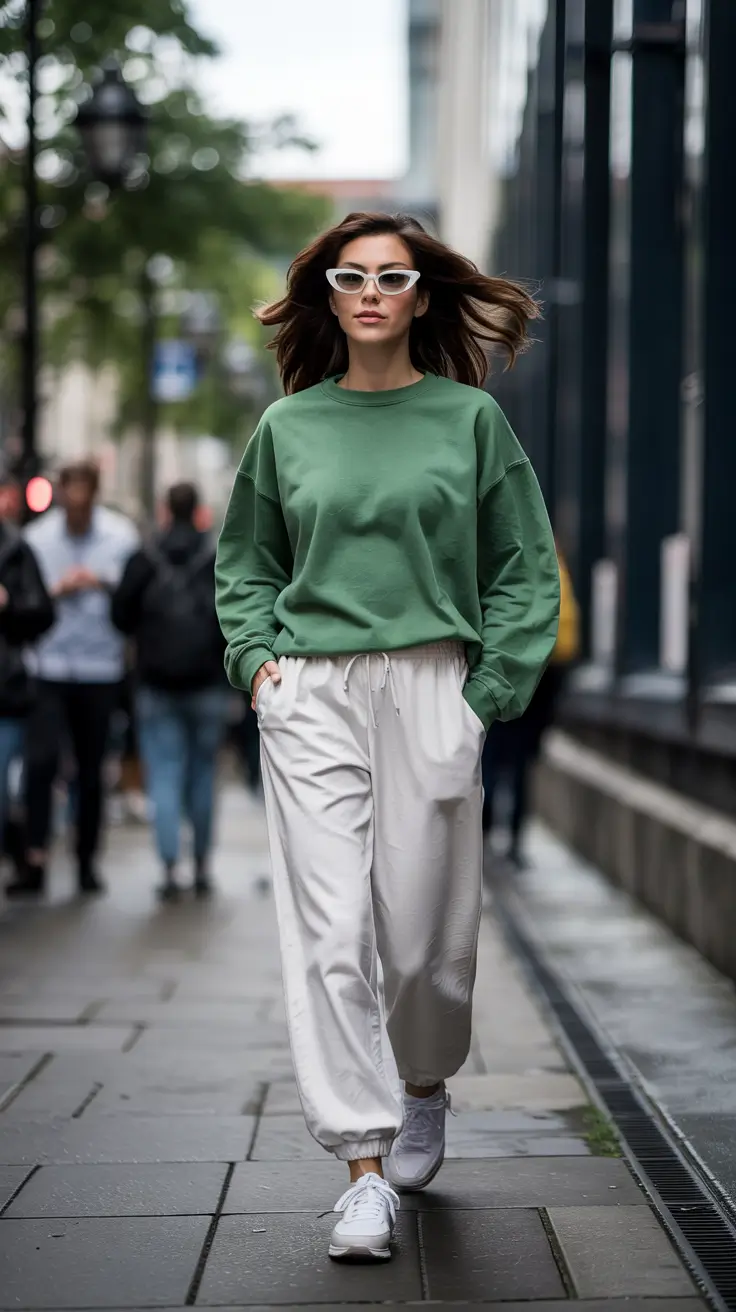 lazy day outfits ideas 2026 Urban Simplicity: Green Crewneck and White Joggers