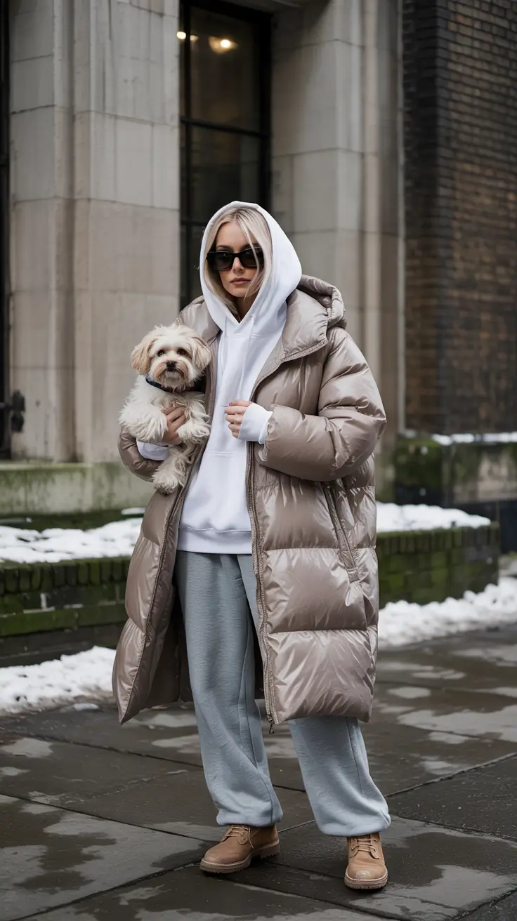 lazy day outfits ideas 2026 City Chill: The Puffy Coat and Hoodie Duo