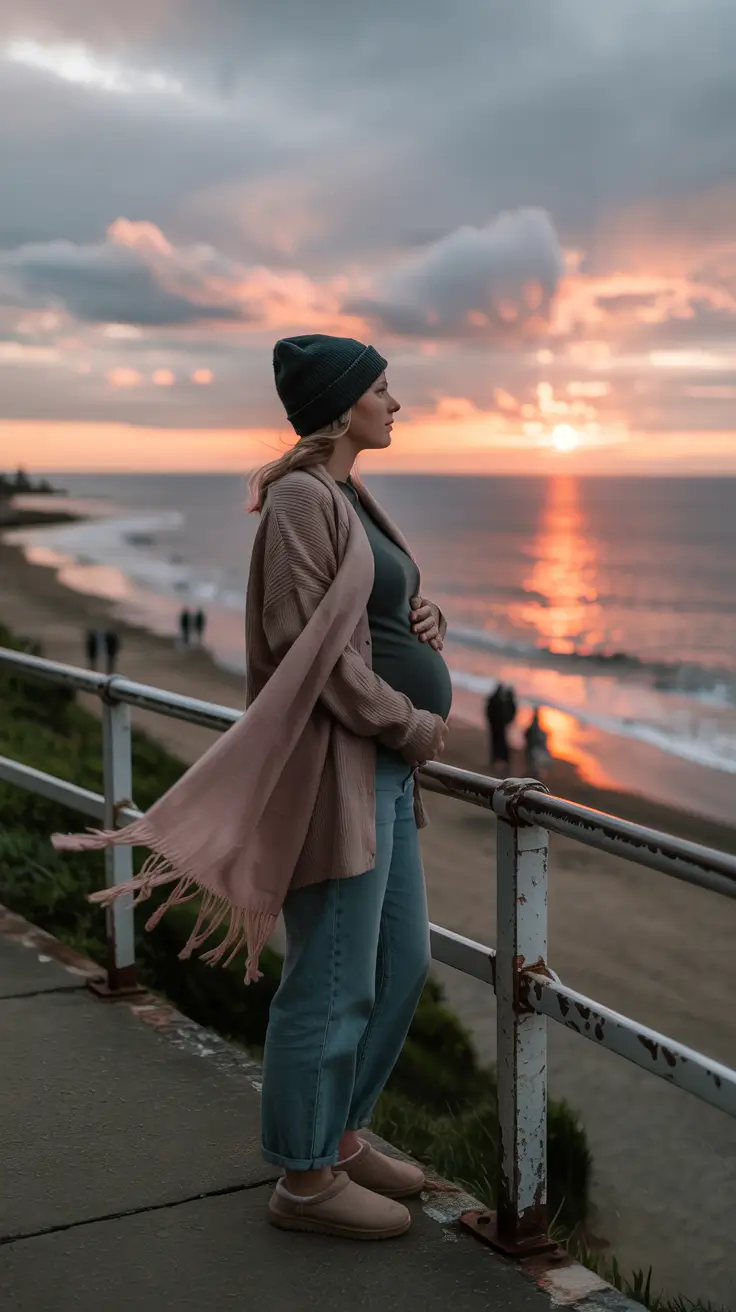 Maternity Outfits 2026 Coastal Calm Sunset Layers and Denim Ease