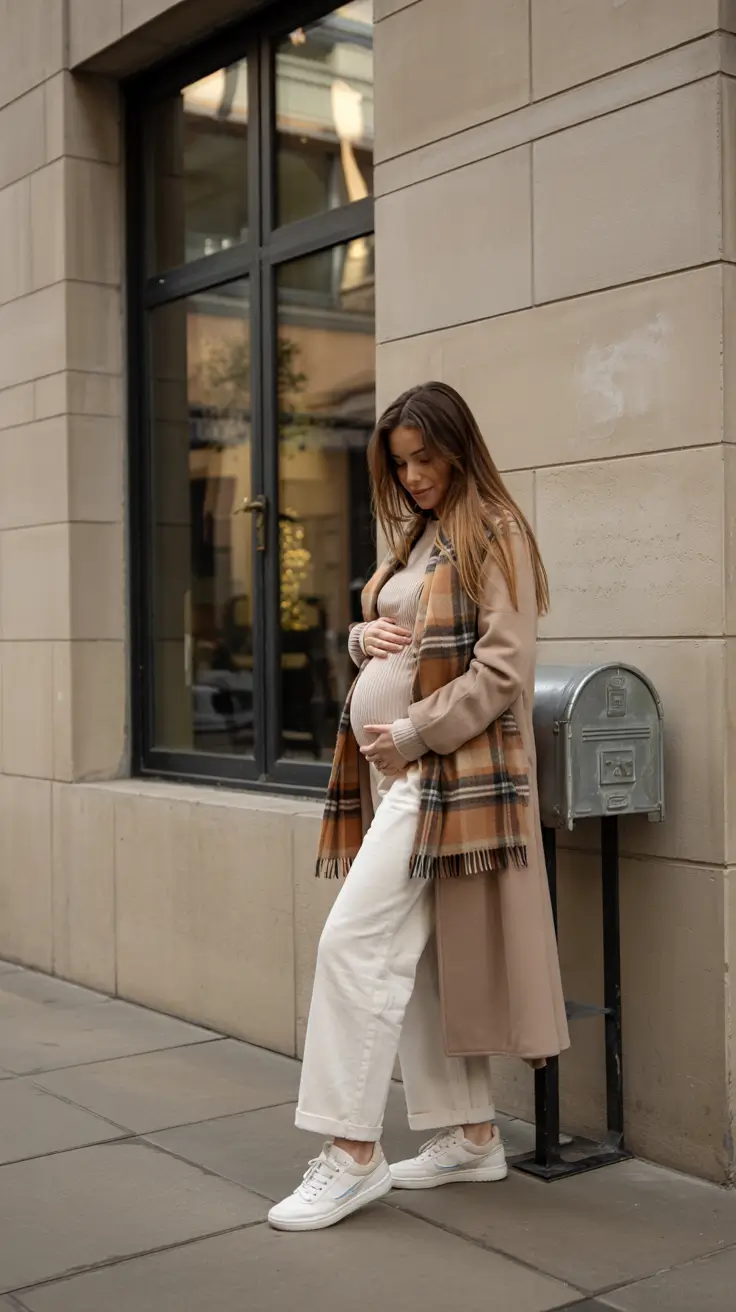 Maternity Outfits 2026 City Warmth Beige Coats and Checkered Scarves