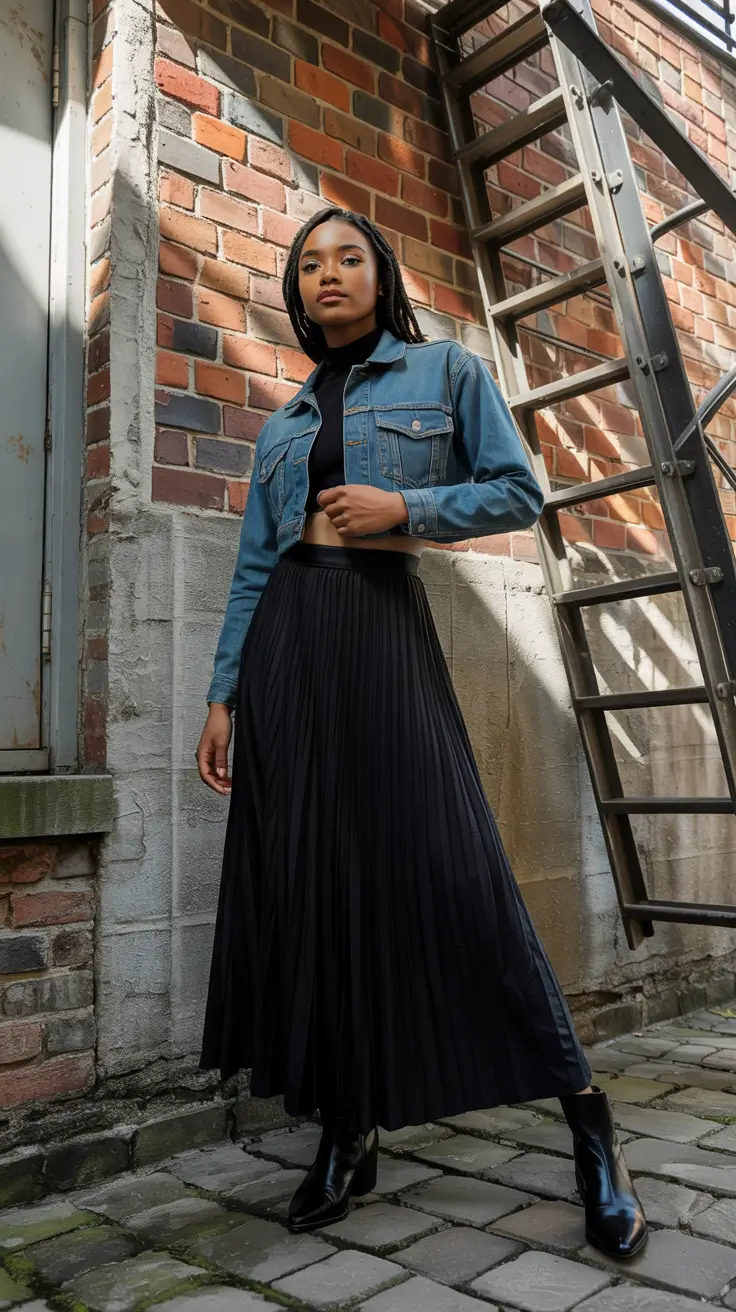 Outfit ideas for Black women 2026 Denim and Pleats with a Modern Twist