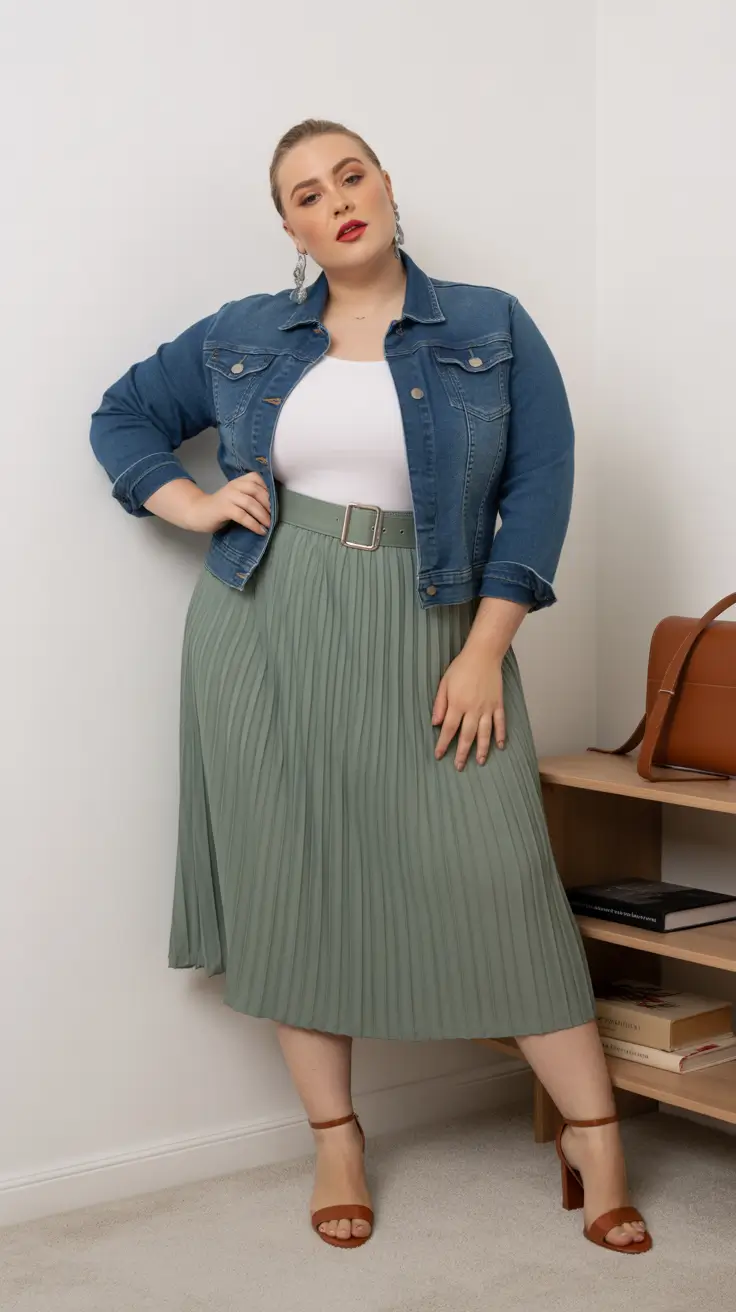plus-size fashion trends for women 2026 Soft Green Grace with Denim Touch