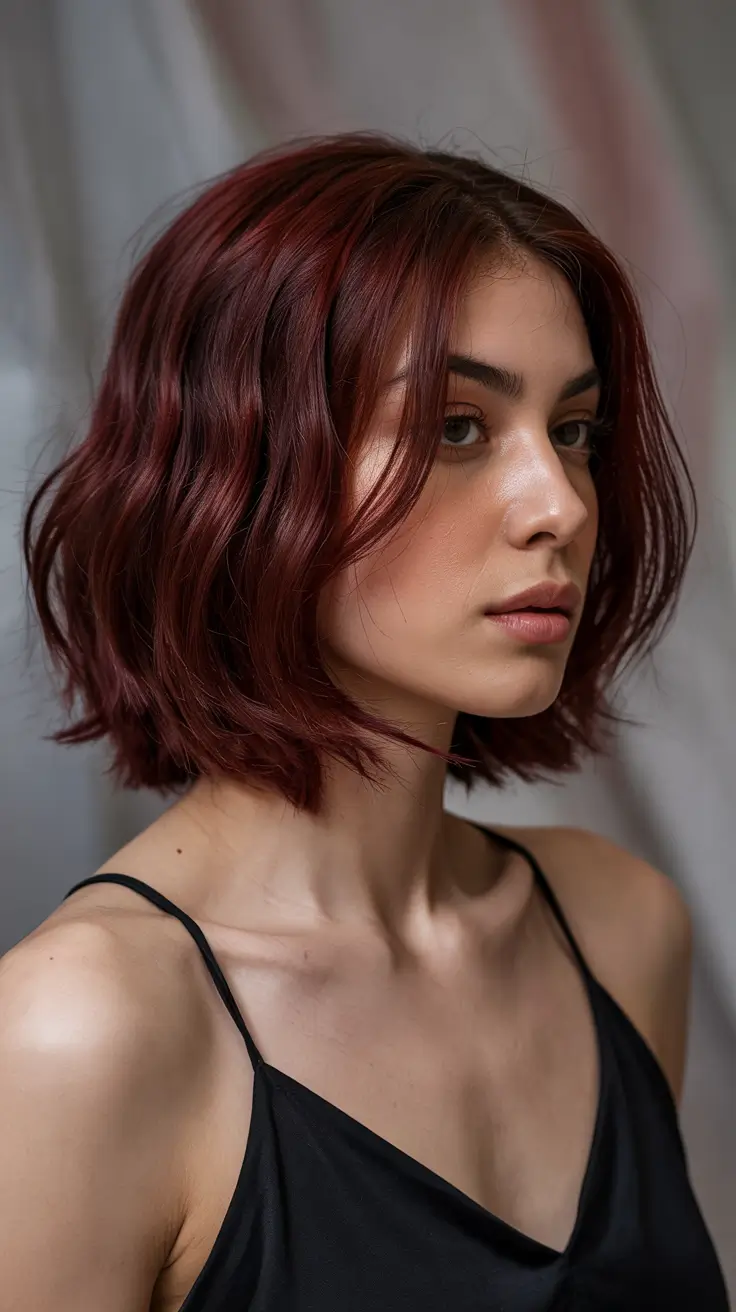 red hair colors 2026 Rich Cherry Bob with Tousled Layers