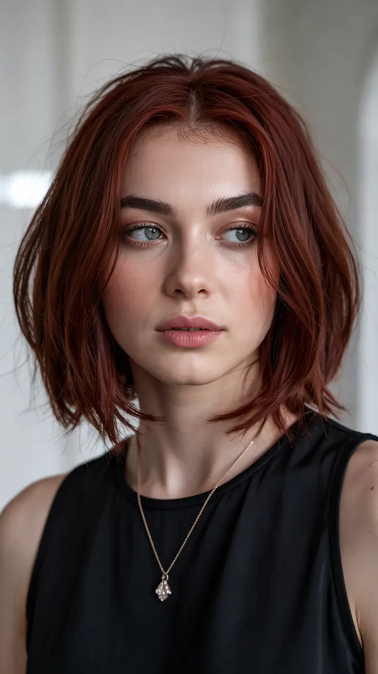 red hair colors 2026 Layered Brick Red Bob with Natural Texture