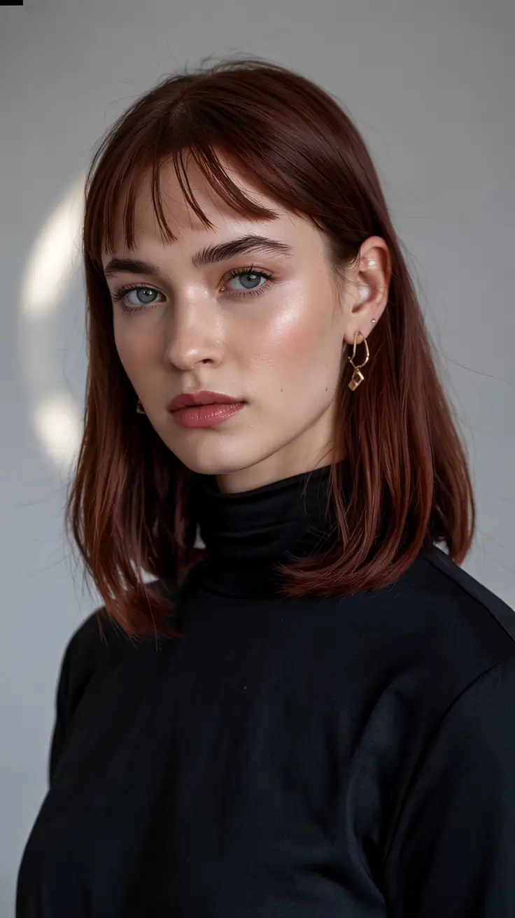 red hair colors 2026 Muted Chestnut with Wispy Bangs