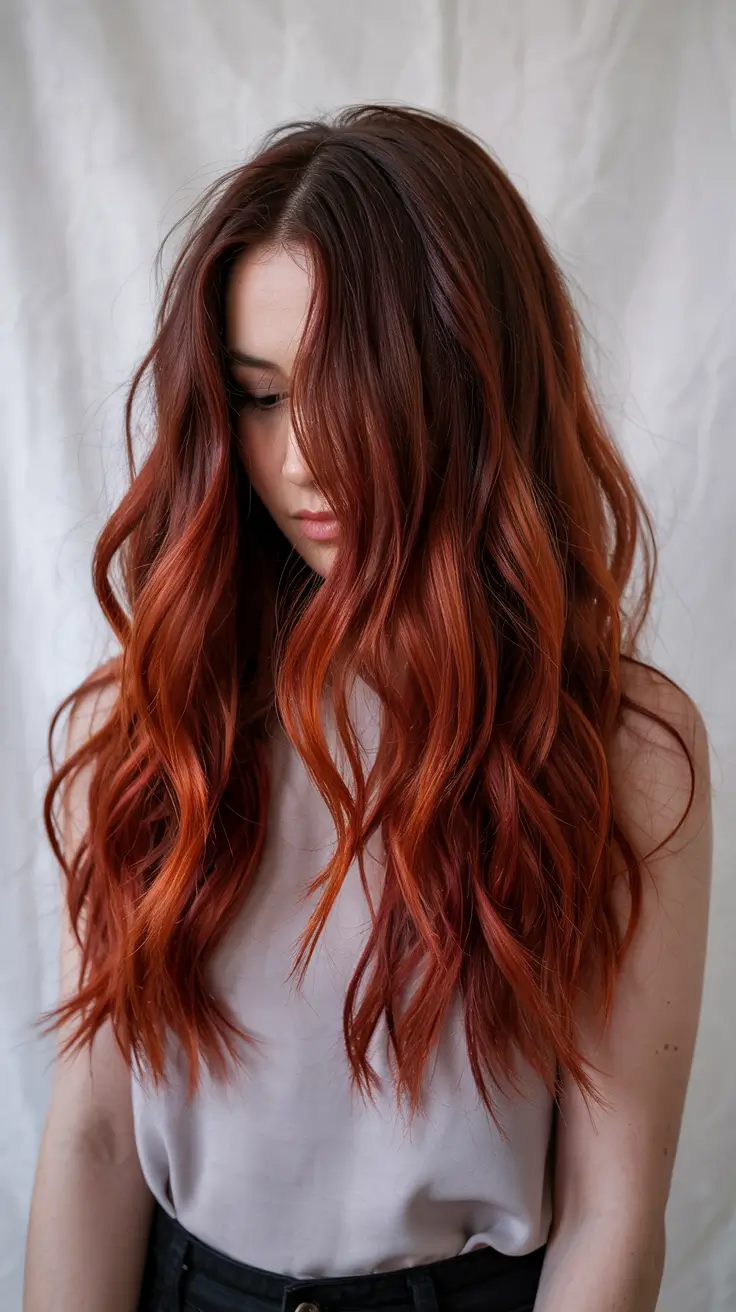 red hair colors 2026 Fiery Ombre with Espresso Roots