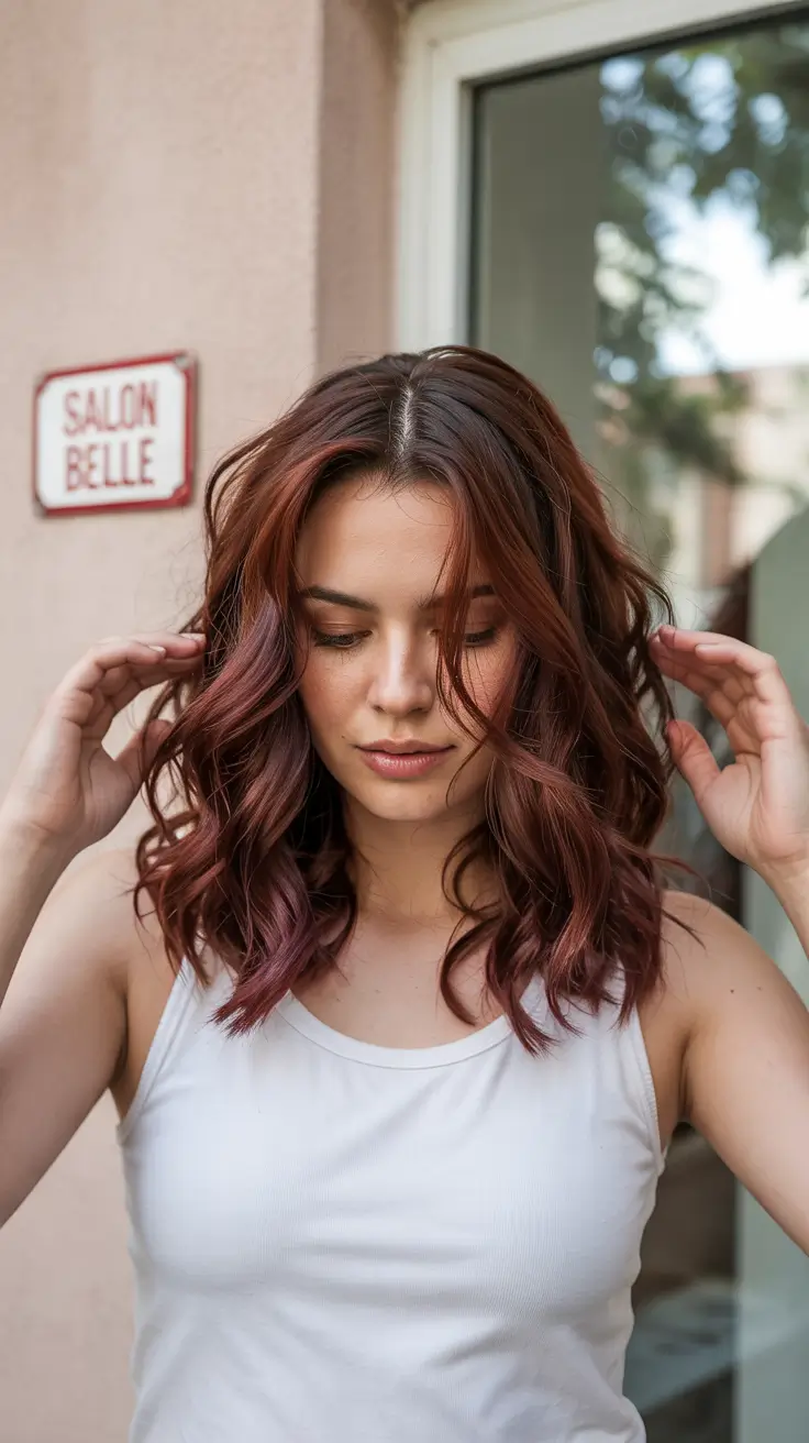 red hair colors 2026 Rosy Brunette Bob with Soft Curl Tips