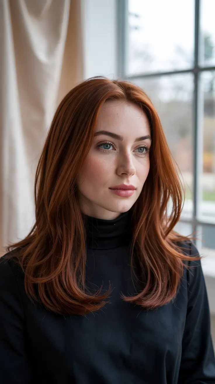 red hair colors 2026 Copper Fire Layers with a Glass Finish