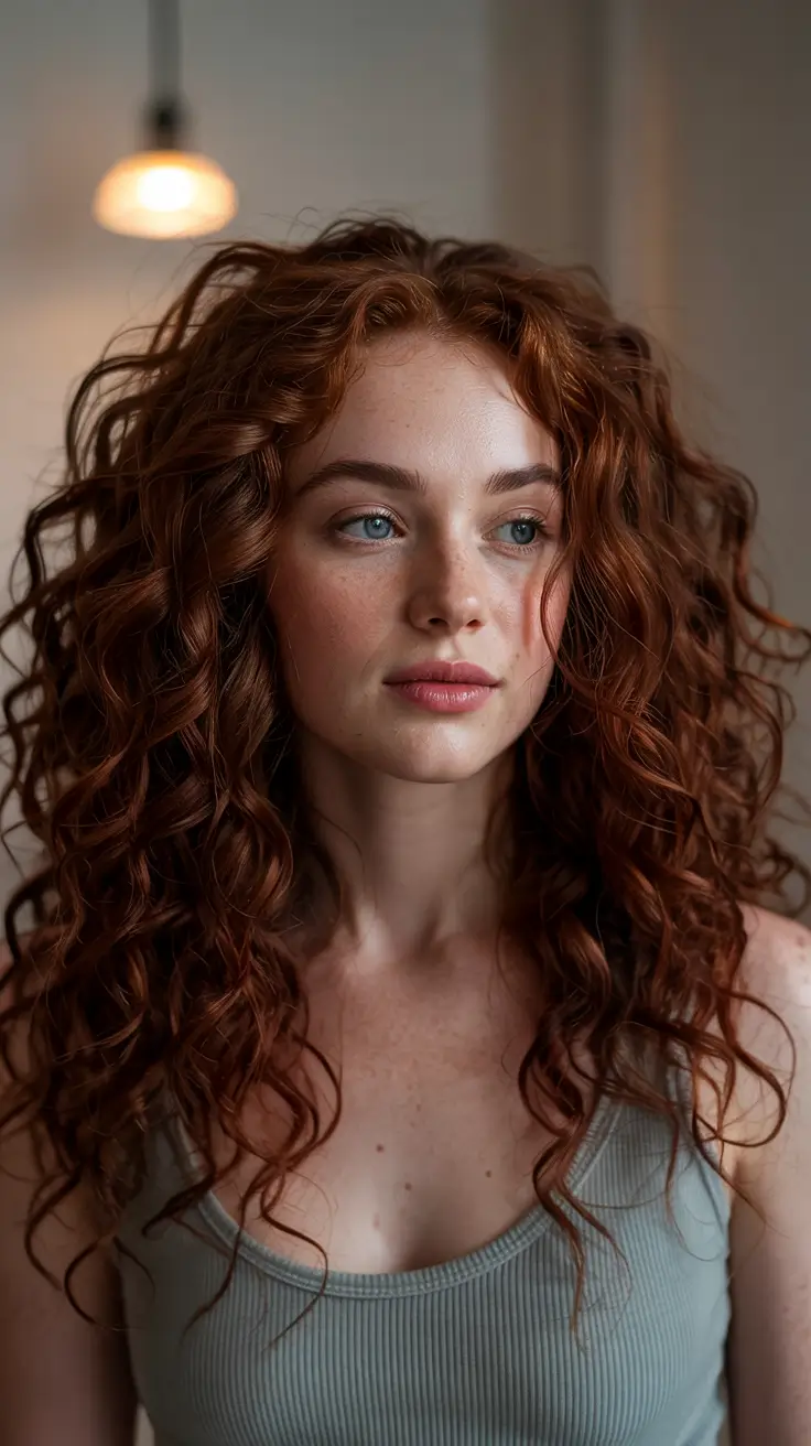 red hair colors 2026 Classic Auburn Curls with a Wild Edge
