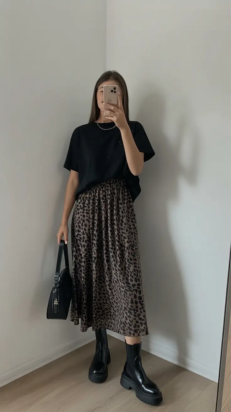Skirt outfit inspiration 2026 Effortless Urban Leopard