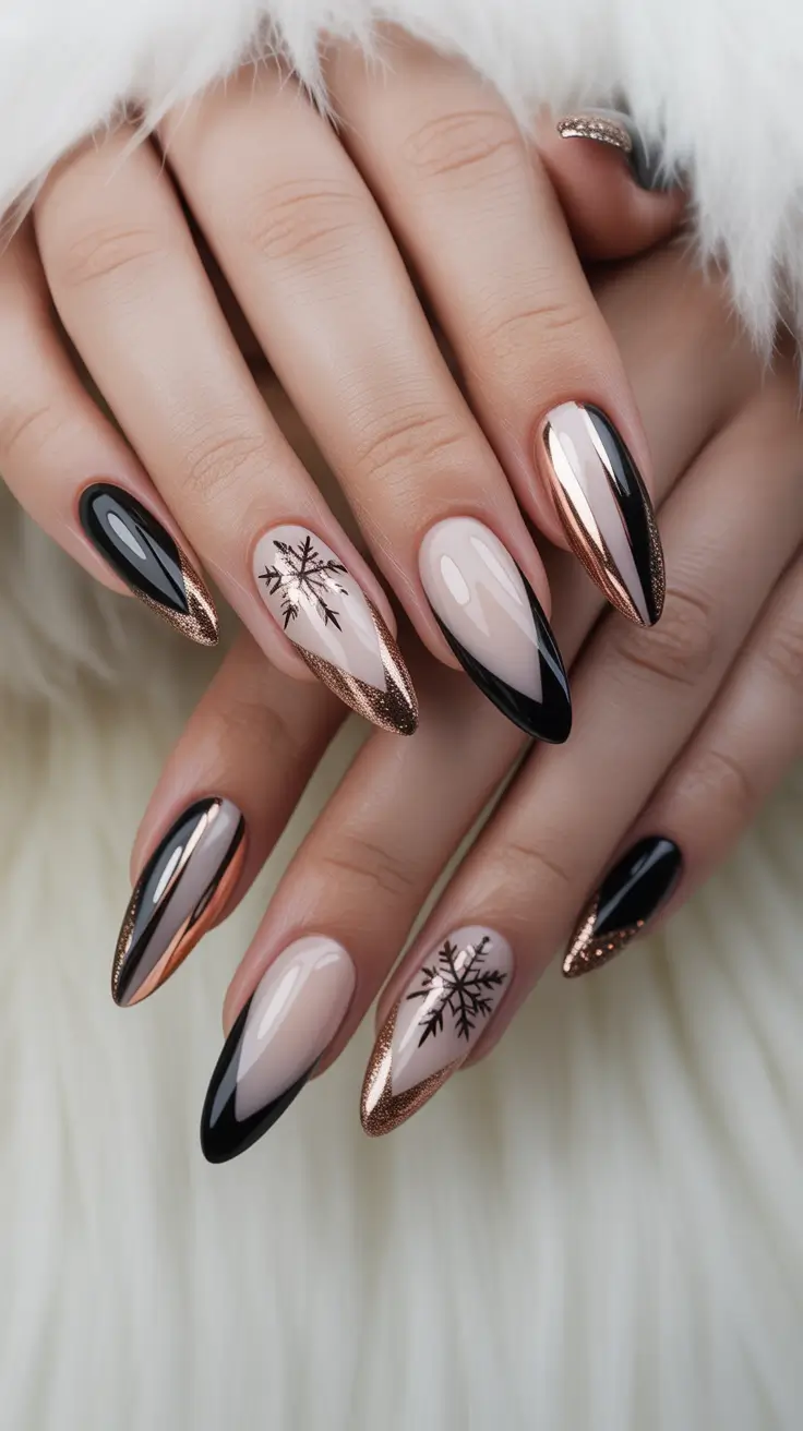 Stylish Christmas Nail Designs 2025 Golden Frost and Midnight Spark