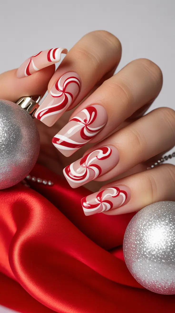 Stylish Christmas Nail Designs 2025 Peppermint Whirl Delight