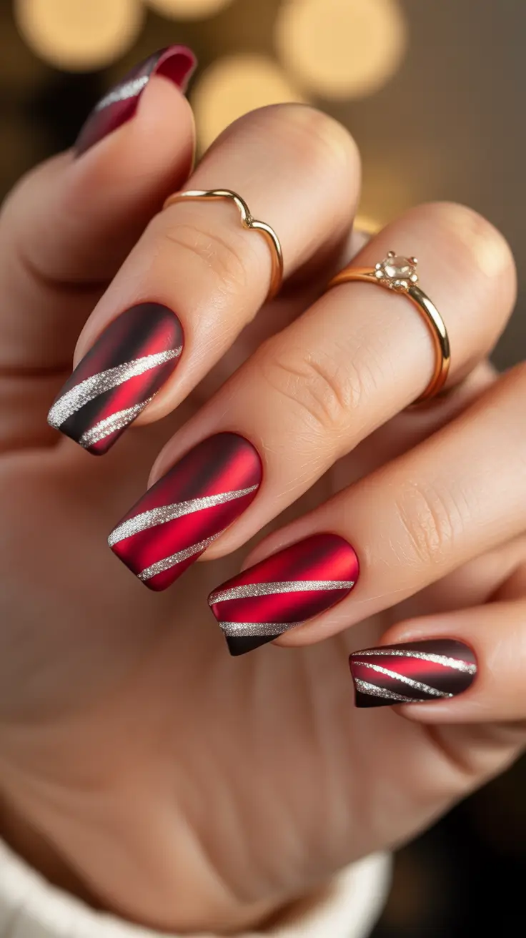Stylish Christmas Nail Designs 2025 Crimson Velvet Stripes