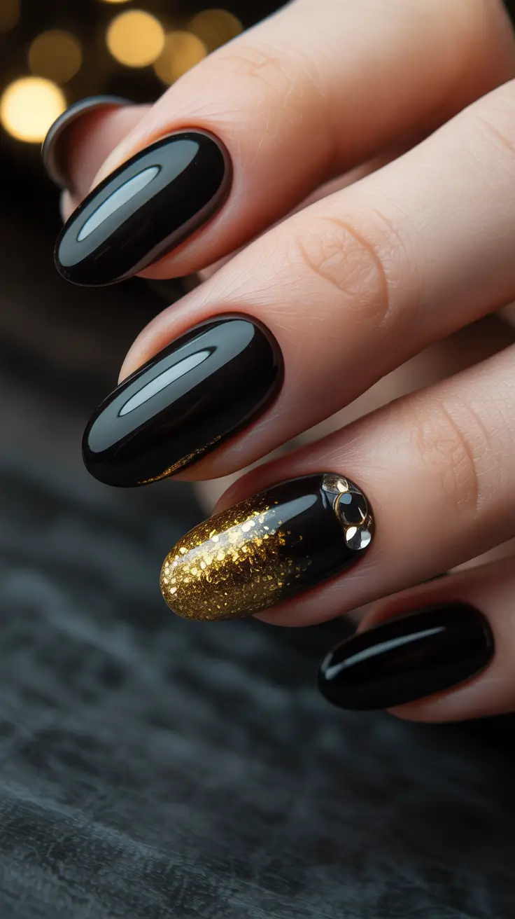 Stylish Christmas Nail Designs 2025 Black & Gold Midnight Luxe