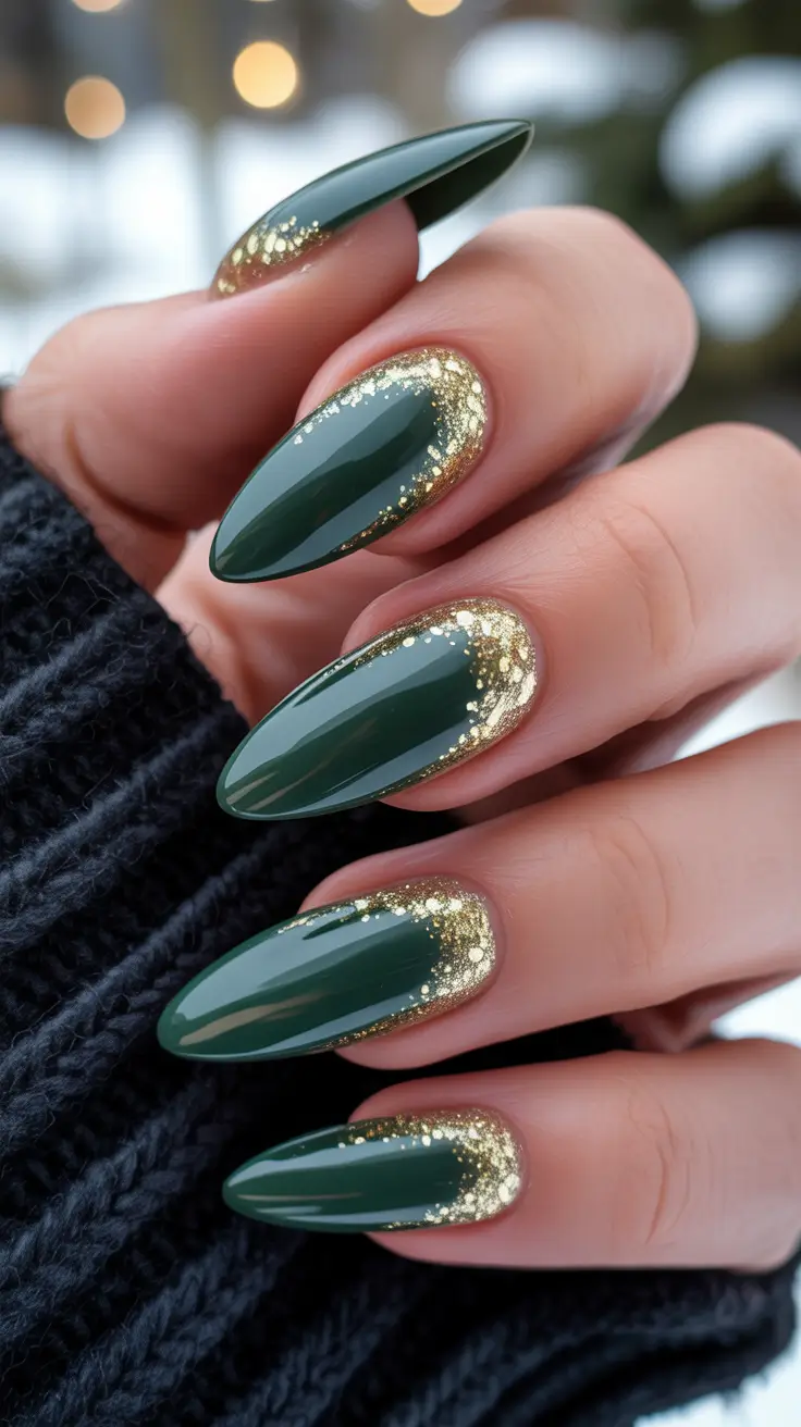 Stylish Christmas Nail Designs 2025 Emerald Shine with Golden Frost