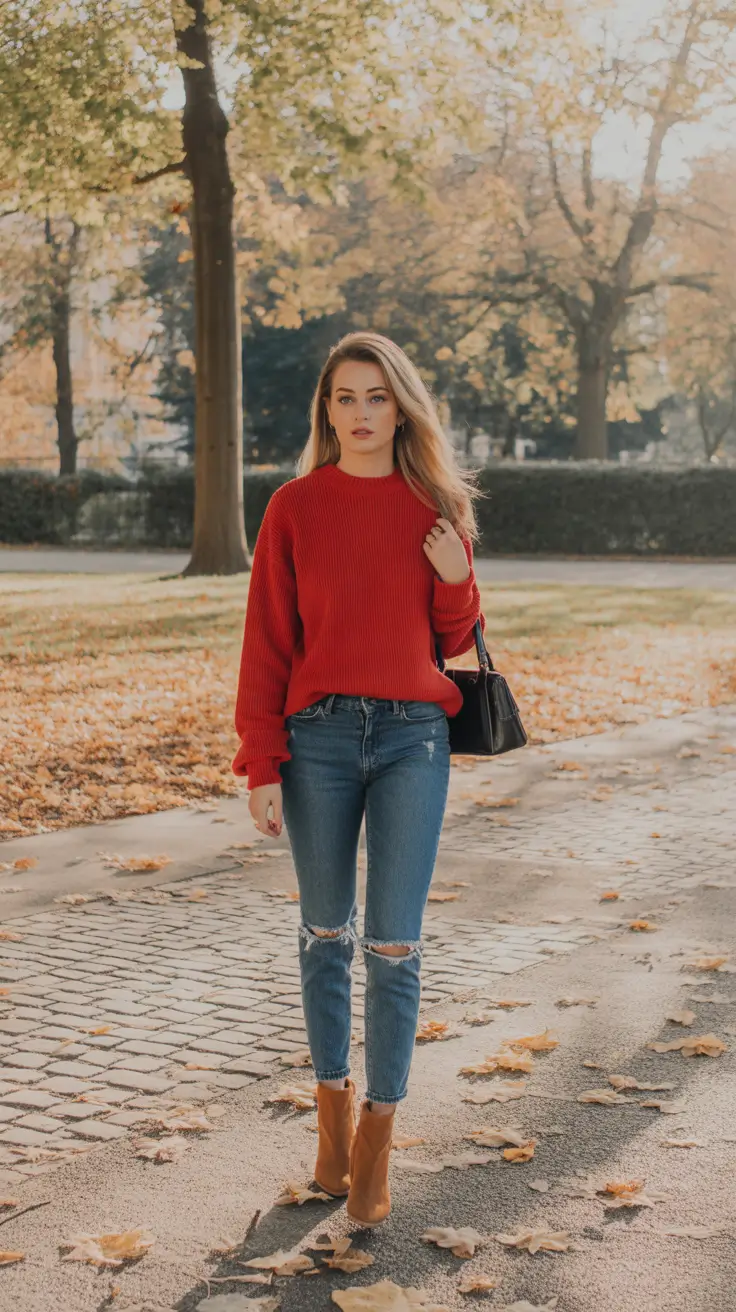 Sweater outfits for women 2026 Autumn Bright in Red and Denim