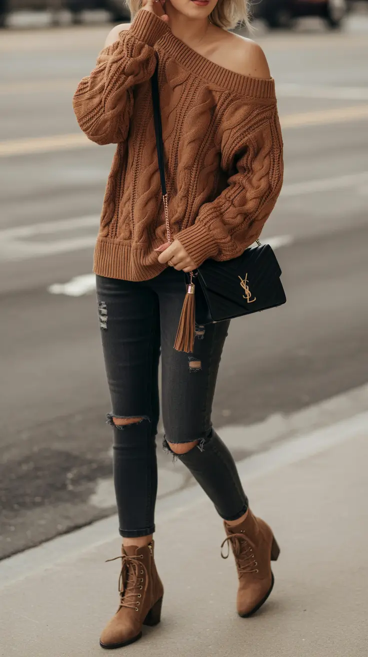 Sweater outfits for women 2026 Off-Shoulder Cocoa Allure