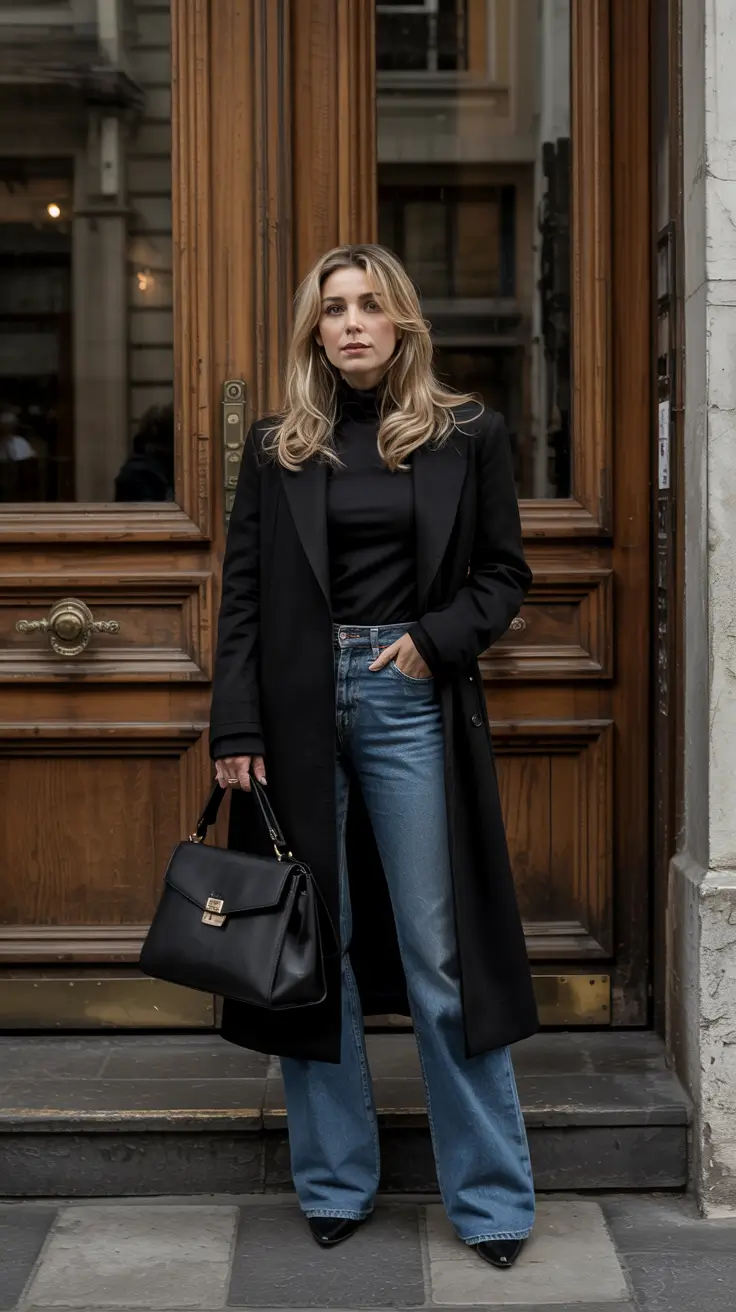 Trendy capsule wardrobe outfits 2026 Classic Black Layers With Denim Ease