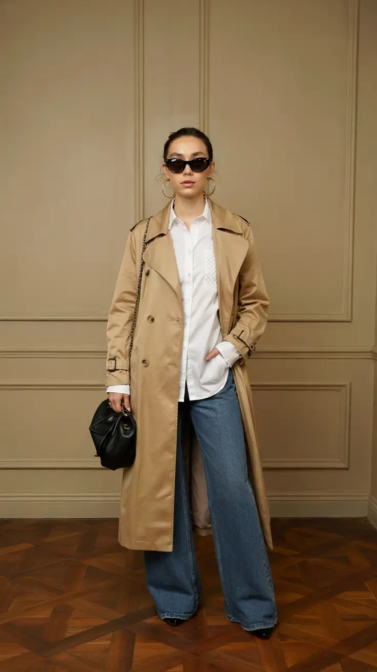 Trendy capsule wardrobe outfits 2026 Tailored Trench and Structured Denim