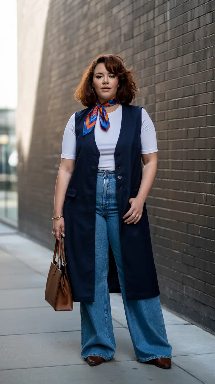 Trendy curvy outfits inspo 2026 Timeless Denim Layers With a Chic Scarf Twist