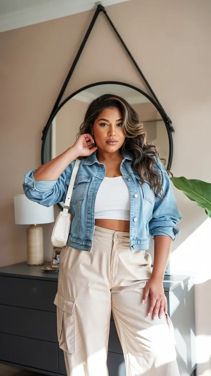 Trendy curvy outfits inspo 2026 Denim Freshness With Soft Cargo Neutrals