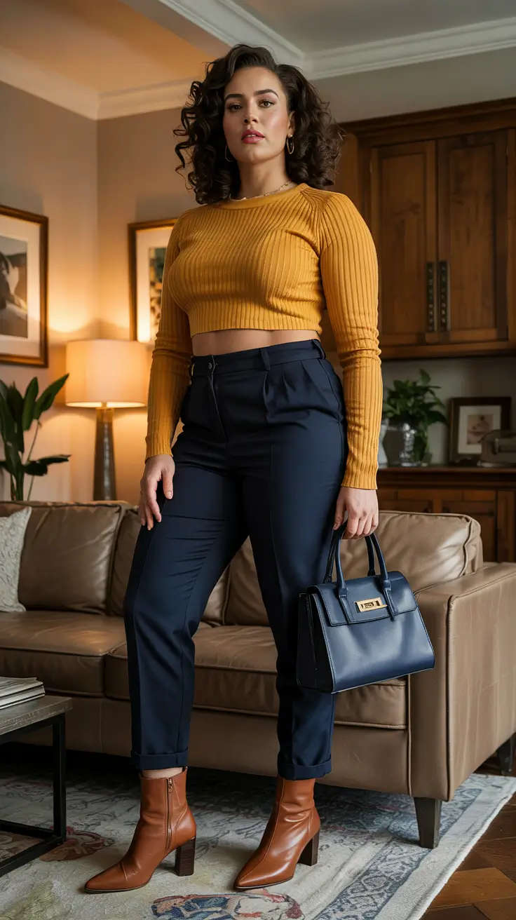 Trendy curvy outfits inspo 2026 Warm Mustard Knits with Tailored Navy Confidence