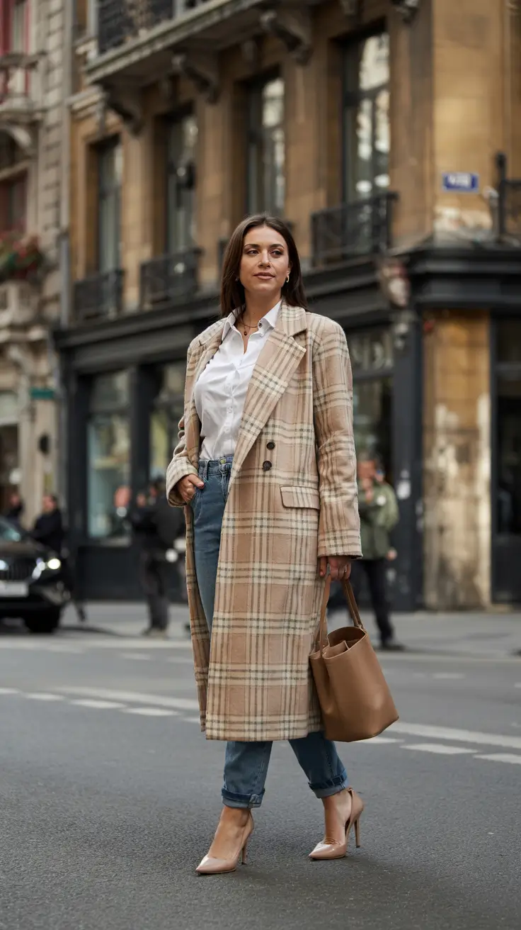 Trendy curvy outfits inspo 2026 City Plaid Layers with Classic Denim Ease