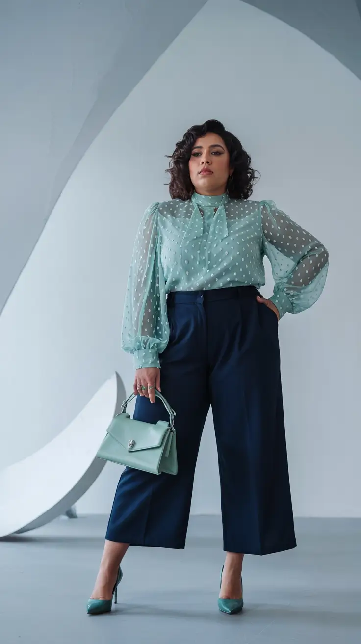 Trendy curvy outfits inspo 2026 Mint Sheer Elegance Meets Tailored Navy