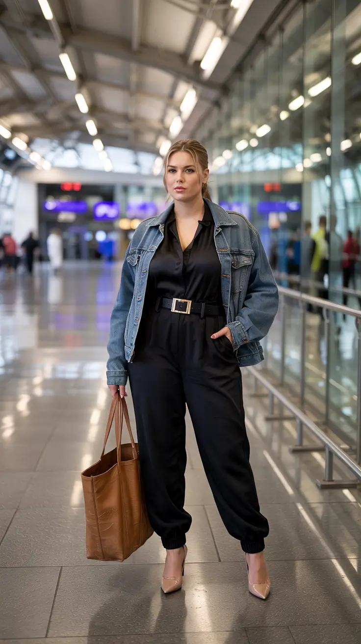 Trendy curvy outfits inspo 2026 Travel-Ready Black Jumpsuit with Denim Ease