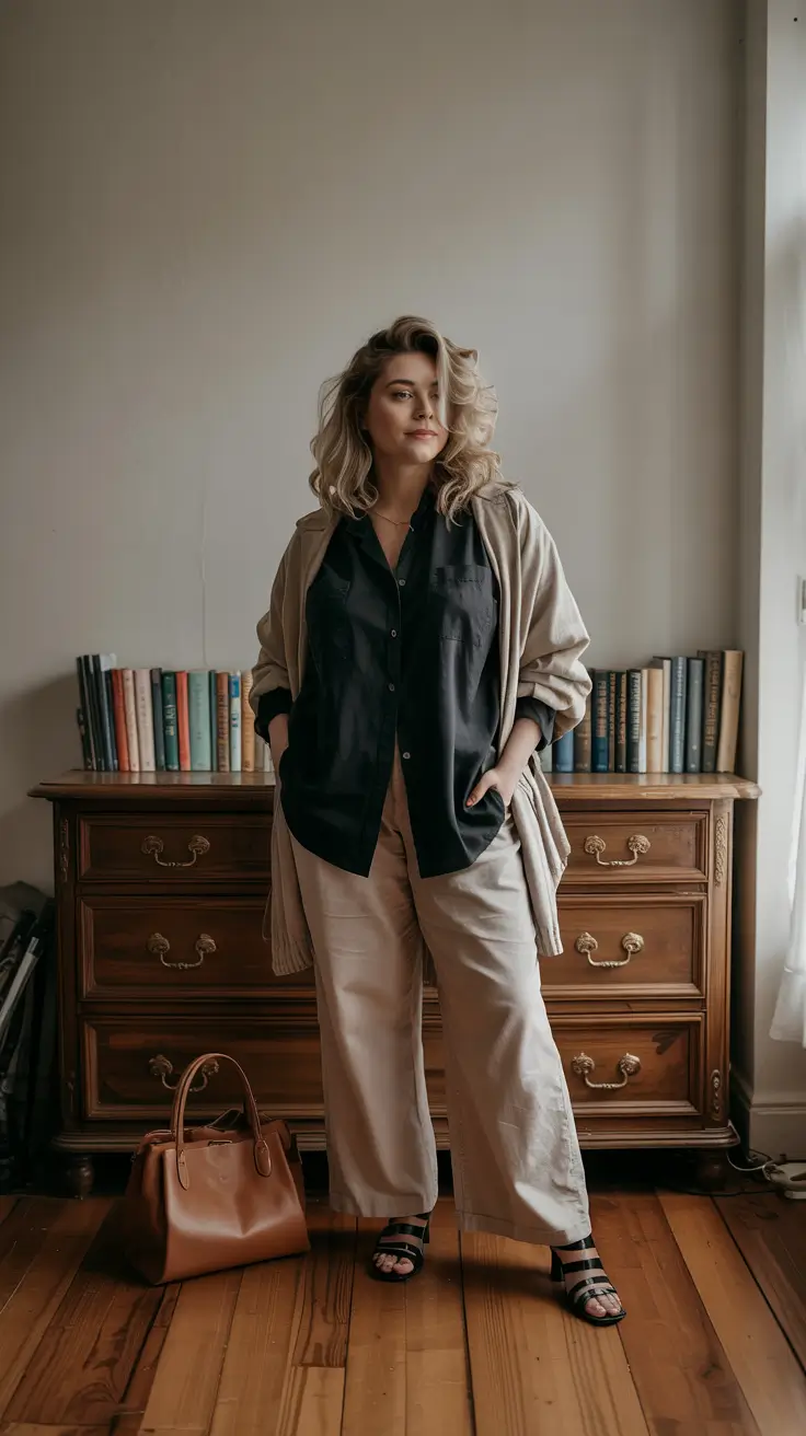 Trendy curvy outfits inspo 2026 Relaxed Neutrals With a Literary Edge