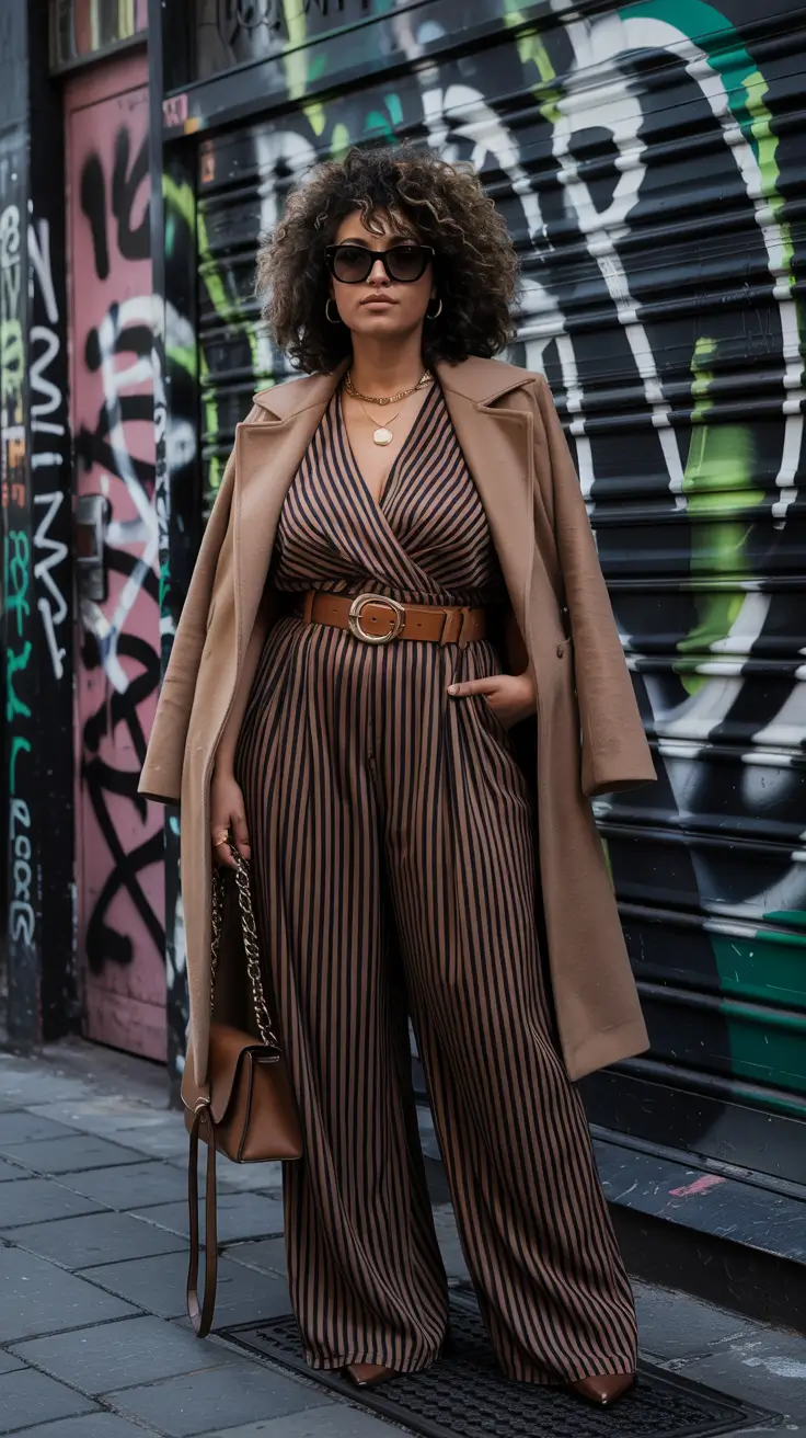 Trendy curvy outfits inspo 2026 Striped Statement Jumpsuit With Urban Energy