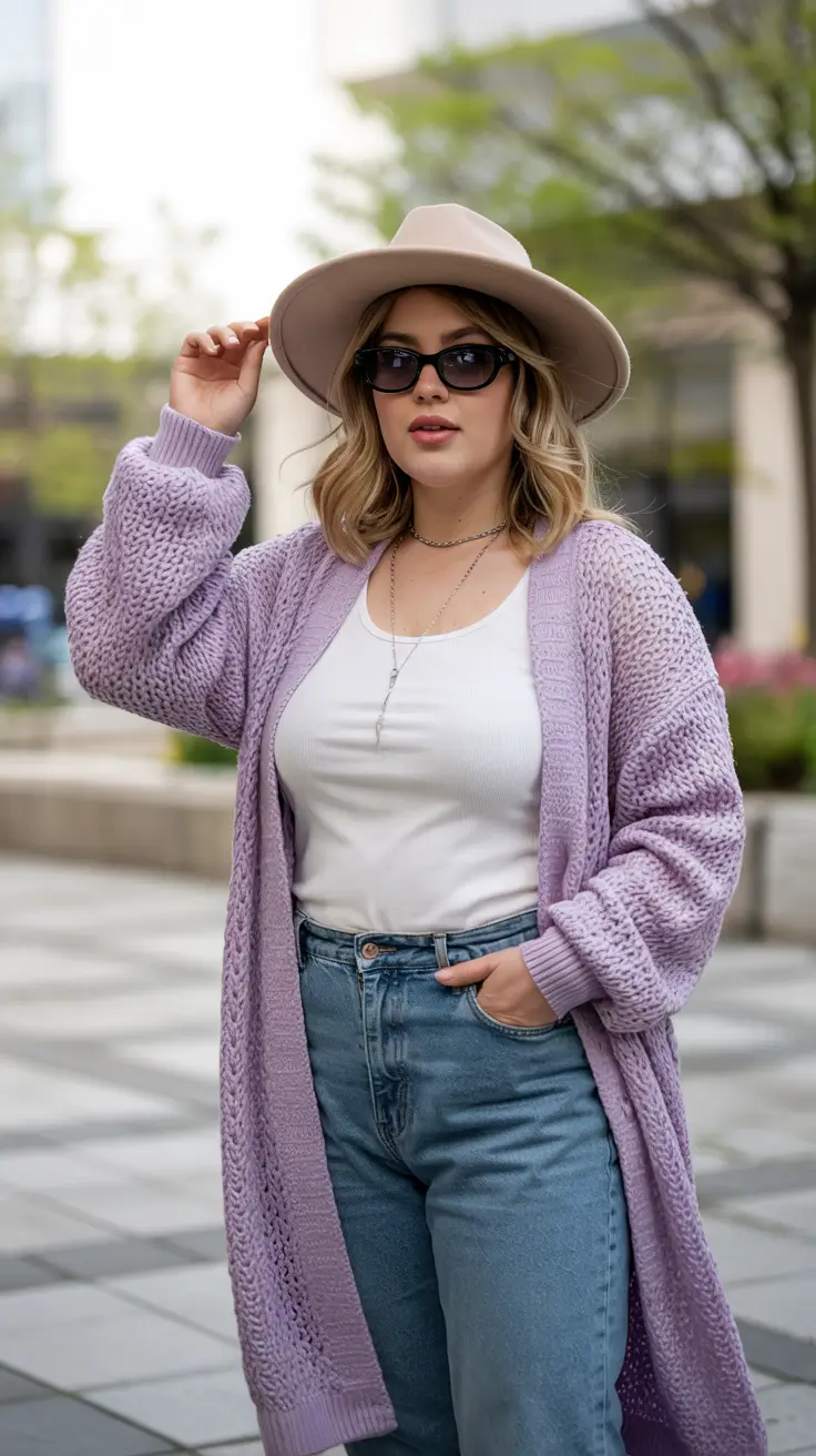 Trendy curvy outfits inspo 2026 Lavender Cozy Layers for Early Spring Streets